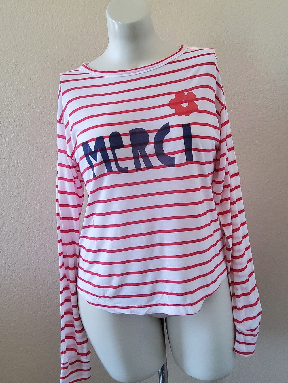 NWOT Sundry "Merci" Striped 100% Cotton Long Sleeve Tee Top Size L Red White - Picture 2 of 8